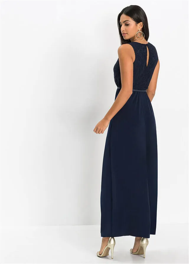 Vestido largo de noche con cinturón (conjunto de 2 unidades) Azul marino